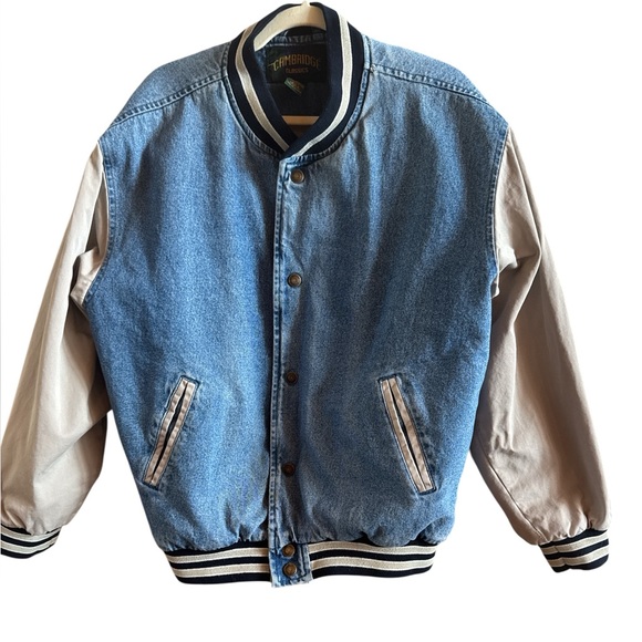 Cambridge Vintage Men’s Sz Medium Denim Blue Varsity Lined Bomber Jacket 1990s - Picture 1 of 13
